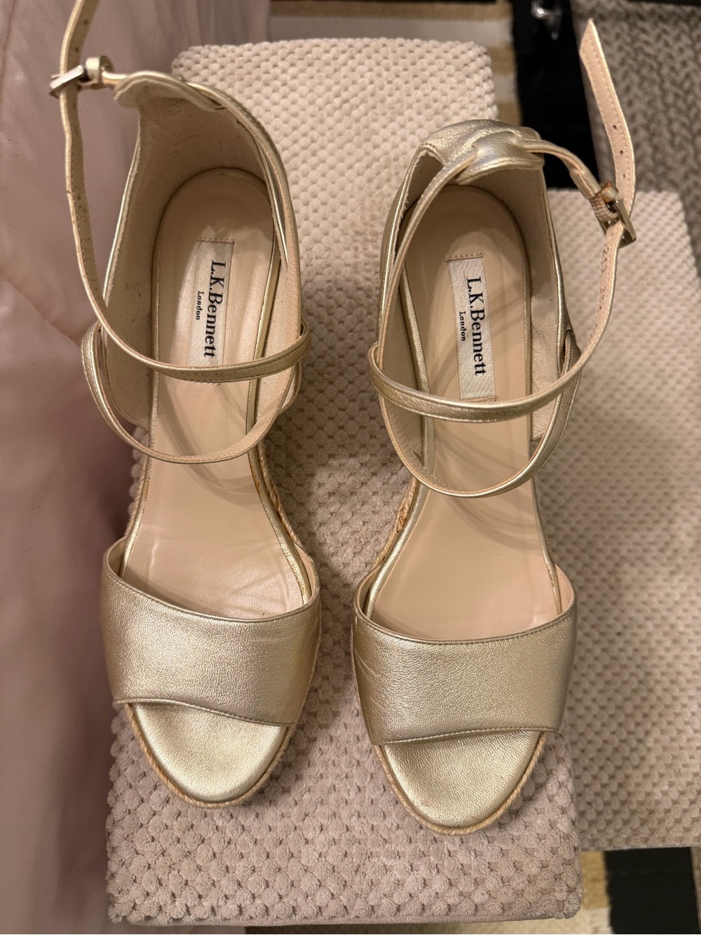 LK Bennett Nelli Metallic Gold Leather Ankle-Strap Espadrille 3 inch wedge